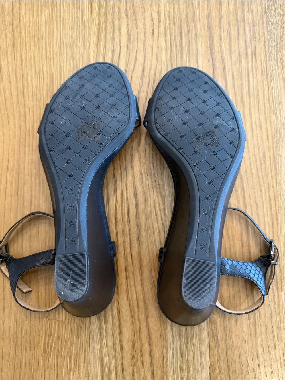 ANTONIO MELANI Black Leather Wedge Sandals Ankle Strap Size 8 Dress Heels